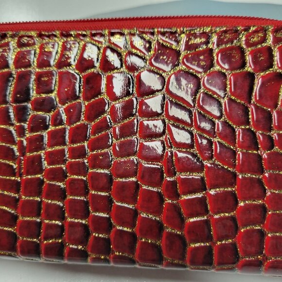 Red and Gold Crocodile Print Embossed Zip Around Wallet Wristlet - Picture 3 of 6